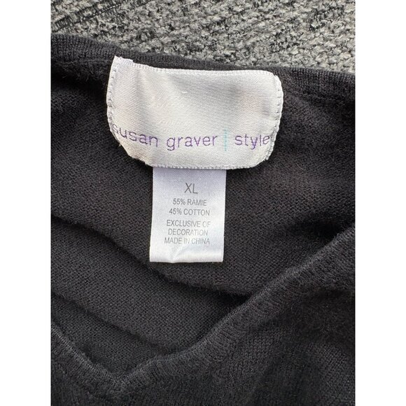 Susan‎ Graver Style Black Embroidered Floral V-Neck Sweater Top XL 55% Ramie 45% - Picture 2 of 5